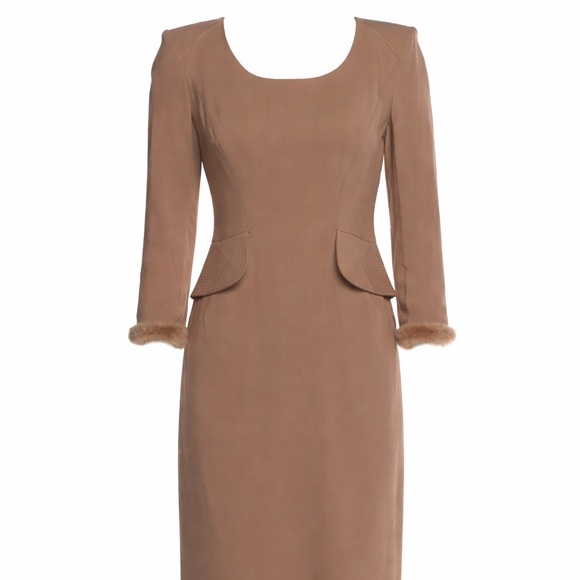 Alberta Ferretti Dresses & Skirts - Alberta Ferretti Tan Long Sleeve Dress with mink Fur Trim